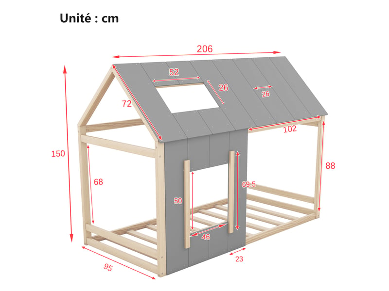 Lit enfant 90x200 cm - lit simple cabane avec fenêtre et toit incliné, bois pin et mdf, sans matelas - naturel - Conforama C