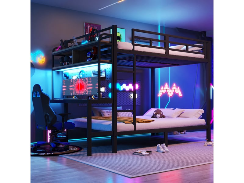  Lit superposé en métal 140x200 cm avec bureau, rangement, led, usb, garde-corps, échelle, noir evarich - Conforama B