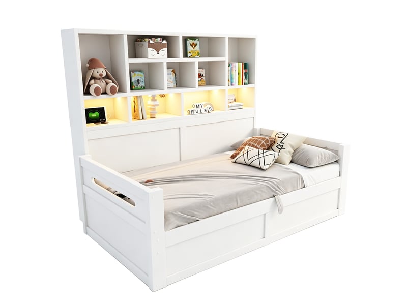  Lit coffre 90x200 cm blanc avec rangement hydraulique, led et prises  - Conforama A