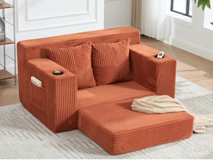 Canapé compact 2 places en velours côtelé, 2 coussins, porte-gobelet et poches latérales, 151 × 133 × 64 cm, orange
