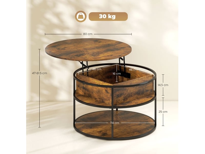  Table basse ronde relevable – rangement dissimulé et étagère – marron ø 80 cm  - Conforama C