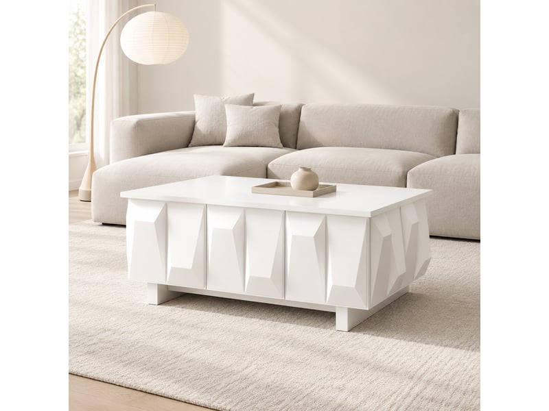  Table basse avec 3 portes et rangement, façade 3d, style moderne, en panneau de particules blanc, 95 × 67 × 39,5 cm  - Conforama B