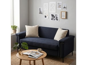Canapé droit 2 places style scandinave noir, structure bois massif et revêtement en tissu lin pour salon moderne