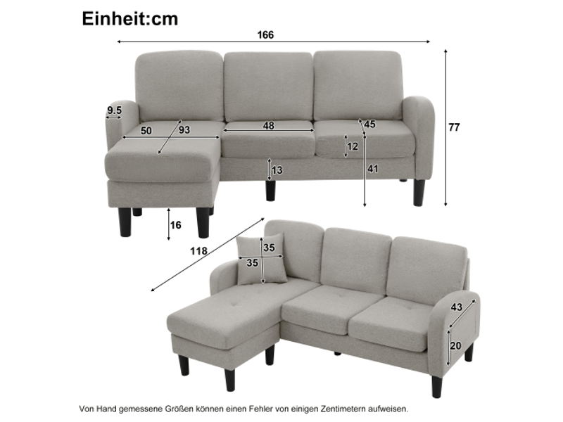 Canapé d'angle en l modulable, canapé 3 places avec méridienne réversible en tissu coton et lin, adapté aux petits espaces, 166x118x77 cm - Conforama B