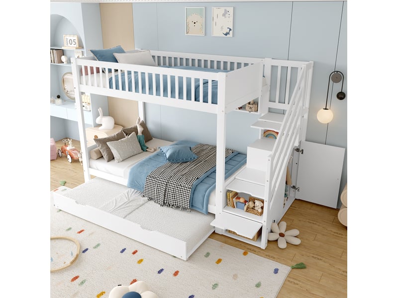  Modenvie lit superposé enfant 90x200 cm - avec lit gigogne, armoire et escalier de rangement, sans matelas - blanc  - Conforama E