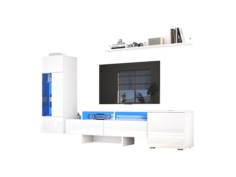  Ensemble meuble tv 3 pièces blanc avec led, finition brillante, pour téléviseur jusqu'à 70 pouces  - Conforama A