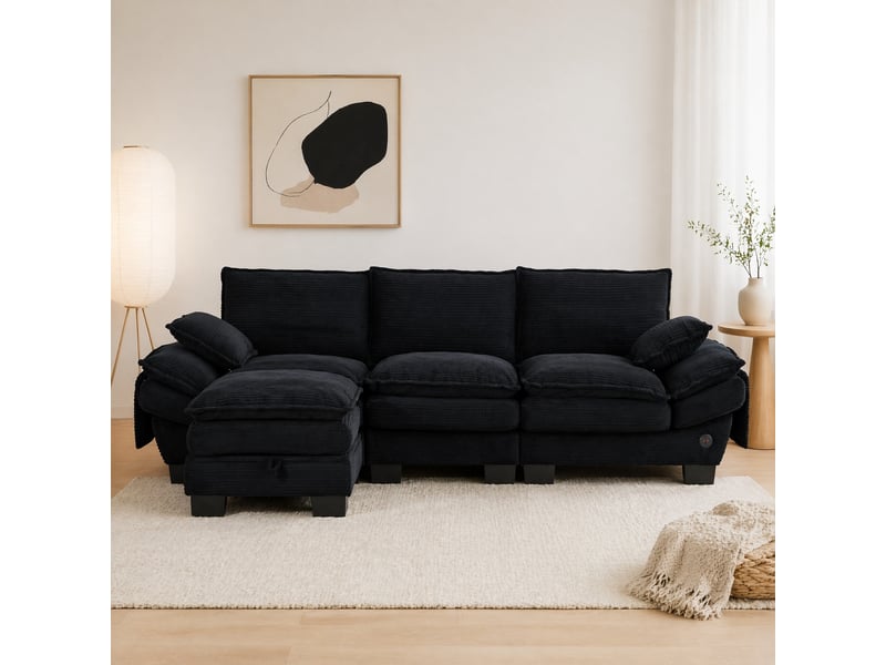  Canapé modulable 3 places en velours côtelé noir avec pouf de rangement  - Conforama D
