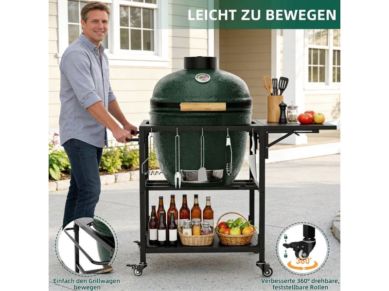  Table barbecue extérieur big green egg chariot métal robuste roulettes rangement crochets housse amovible grand barbecue compatible  - Conforama B