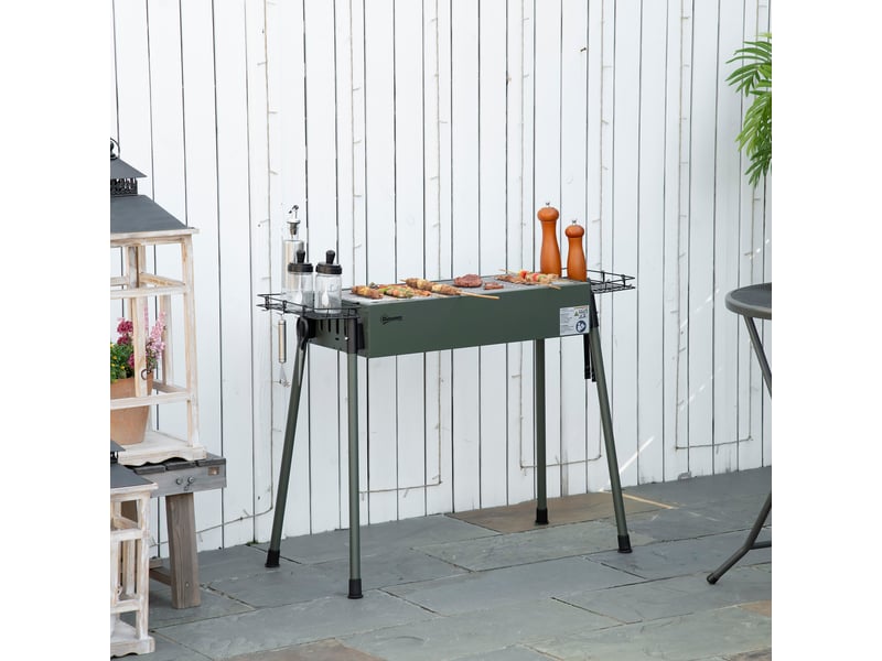  Barbecue au charbon de bois, 2 grilles de cuisson, 1 grille à charbon, 2 paniers latéraux, acier inoxydable, vert foncé, 94 x 39 x 70 cm  - Conforama D