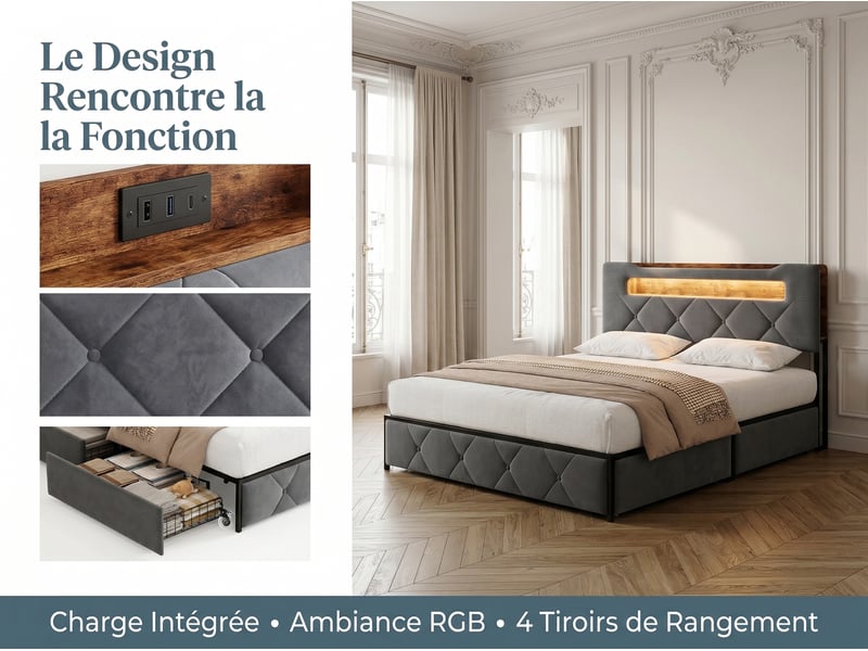  Lit 2 places 140 x 200 cm - gris - led, usb, rangement et 4 tiroirs  - Conforama D