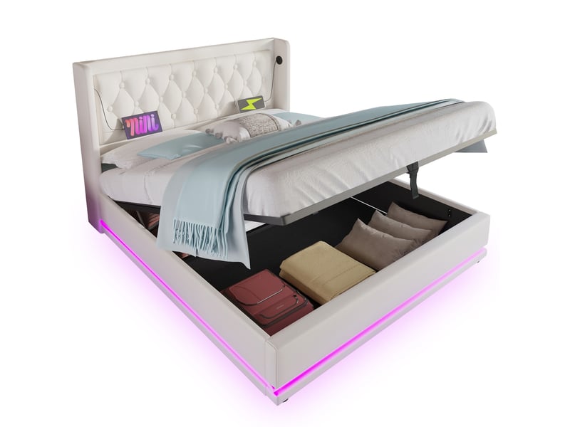  Lit coffre 140x200 cm en pu blanc, led 3 côtés, usbusb-c et tête capitonnée  - Conforama A
