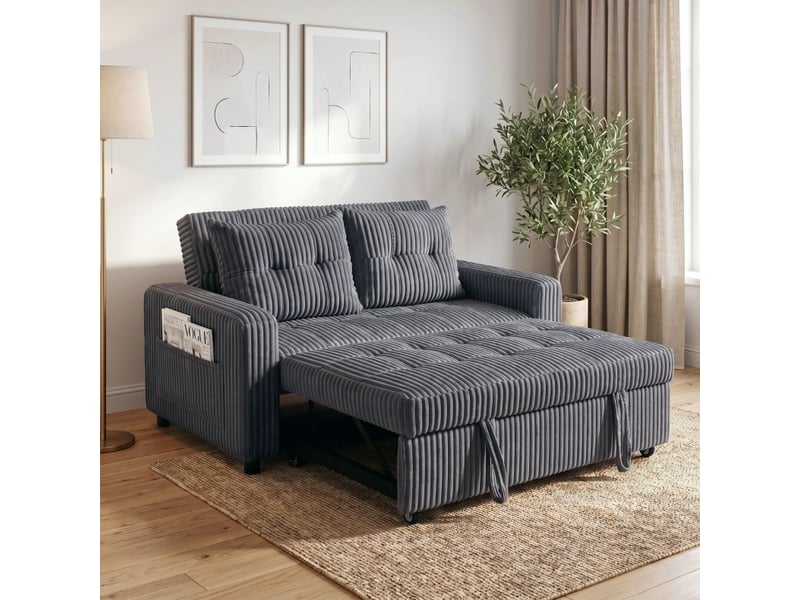 Canapé convertible 2 places 3 en 1 avec dossier réglable, coussins et poches latérales en polyester gris foncé - Conforama B
