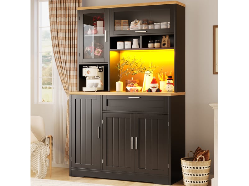  Meuble de rangement haut 104x40x180 cm, armoire de rangement, tiroir, portes, luminaire led, pour cuisine, salon, mdf+métal, noir  - Conforama D