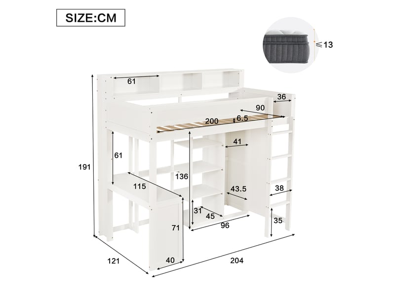 Lit enfant 90x200 cm avec bureau, armoire et étagères, blanc - Conforama E