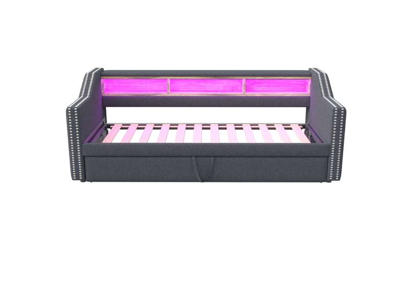 Lit gigogne enfant 90180x200cm, canapé-lit avec led, rangement, port usb, sommiers, lin gris foncé, sans matelas - Conforama R
