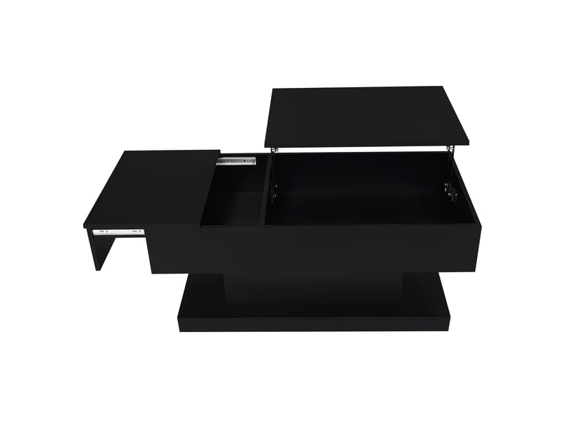  Table basse relevable laquée brillante, 100 x 50 x 45 cm avec éclairage led – plateau semi-relevable et coulissant latéralement, levage hydraulique et espace de rangement  - Conforama D