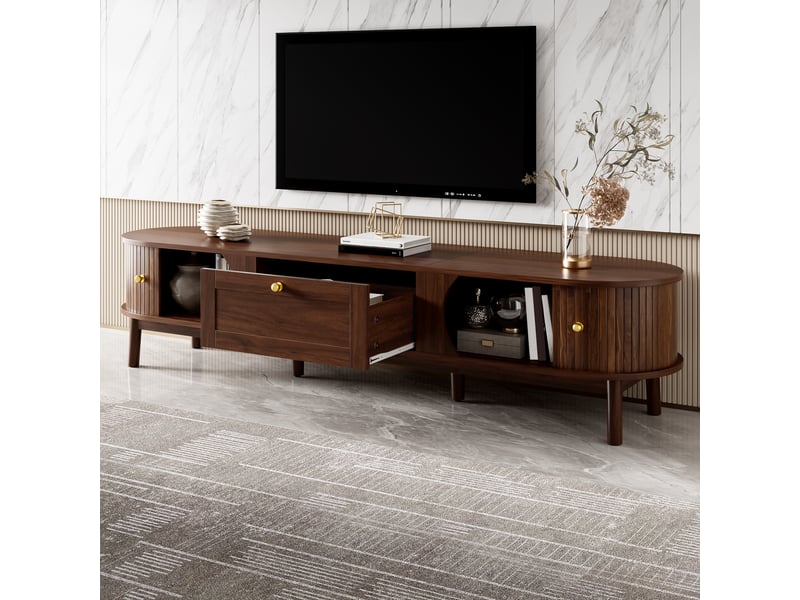 Meuble tv bois massif noyer 170 cm avec tiroirs et portes coulissantes, design moderne pour salon - Conforama W