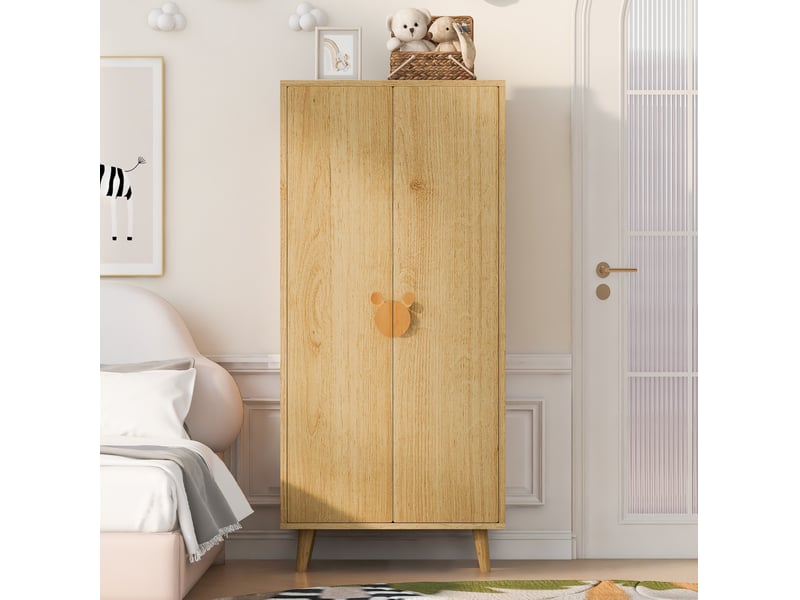  Armoire enfant 2 portes en mdf blanc et bois clair, rangement avec penderie et 2 tiroirs, pieds surélevés  - Conforama E