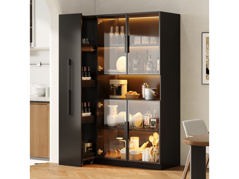  Vitrine led en verre 110x35x160 cm vitrine armoire à 5 portes buffet haut avec éclairage led porte coulissantes rangement - noir  - Conforama B