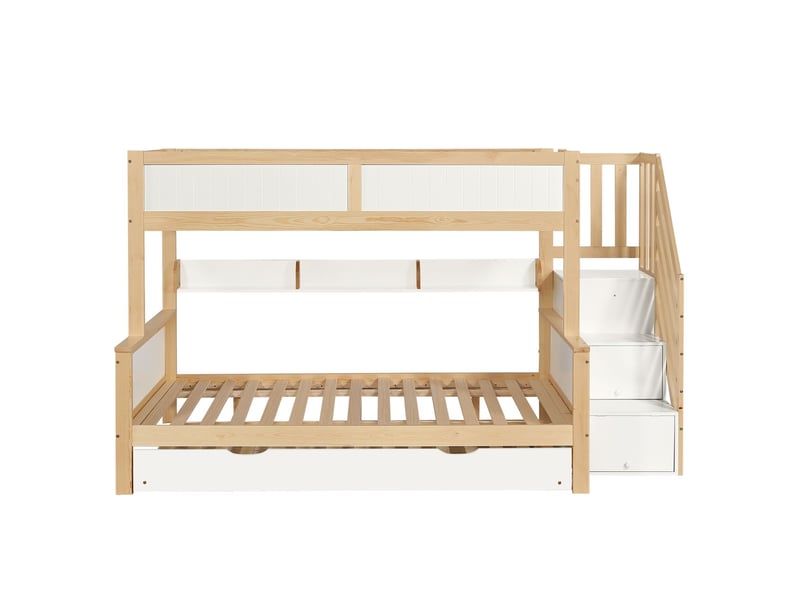  Lit superposé 90x200120x200 cm avec protection contre les chutes et rails pour trois lits, lit enfant avec armoire, blanc + naturel  - Conforama D