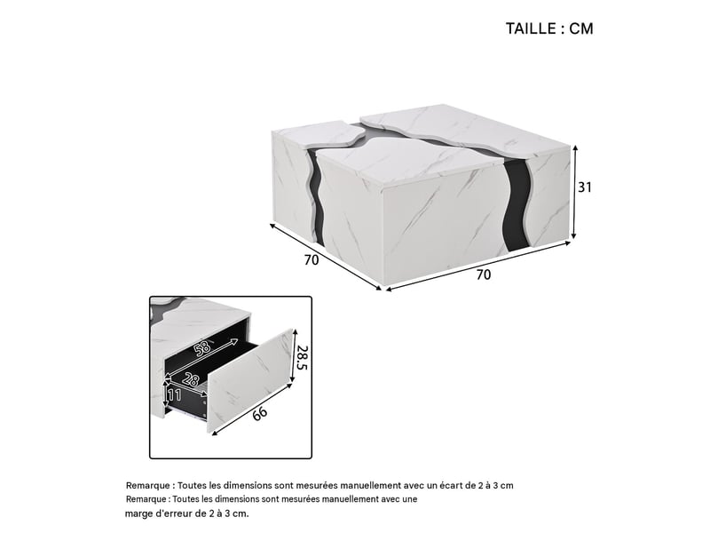  Table basse avec tiroir en panneau de particules blanc effet marbre 70x70x31 cm - pangivo  - Conforama C