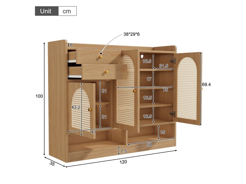  Meuble à chaussures 120x35x100 cm avec 3 portes effet cannage, 2 tiroirs, niches ouvertes et éclairage LED - Naturel Fay Lum - Conforama C