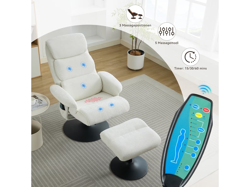  Fauteuil relax inclinable,77x75,5x100 cm,avec massage et chauffage,chenille,blanc  - Conforama E