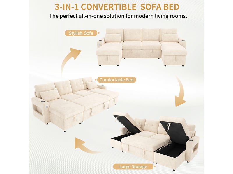Canapé d'angle 4 places - avec rangement - avec porte-gobelet - avec port usb - avec éclairage led - beige - Conforama R