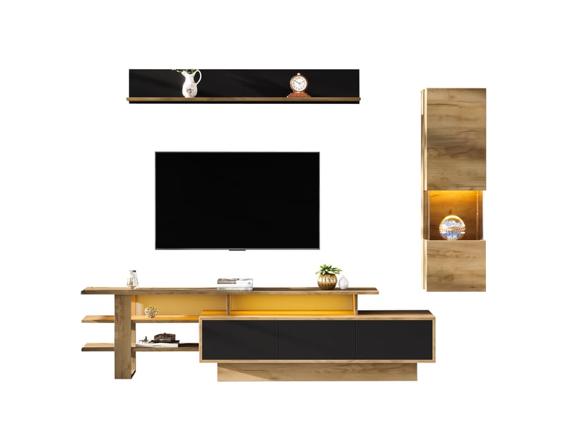  Meuble tv tcqpz 180 x 40 x 45 cm led 3 pièces pour télévision jusqu'à 80 pouces mdf et acrylique naturel et noir  - Conforama A