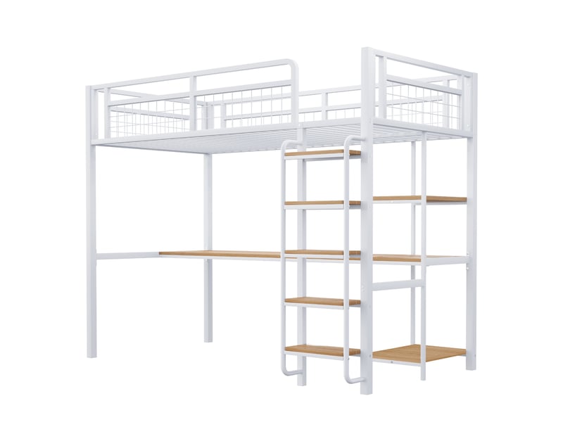  Lit mezzanine métal blanc 90x200 cm avec bureau intégré, étagères, échelle sécurisée et garde-corps  - Conforama A