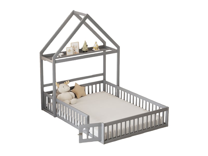 Lit enfant 140x200 cm - lit cabane au sol avec barrières, porte et sommier en bois, lit double sans matelas - gris - Conforama A