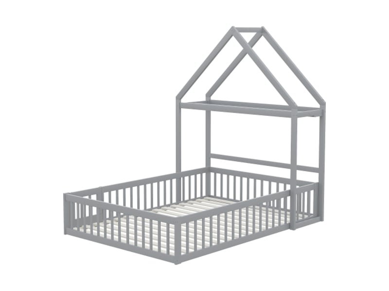 Lit cabane 140x200 cm, lit double avec grille de protection et sommier à lattes, en bois, gris, sans matelas  - Conforama A