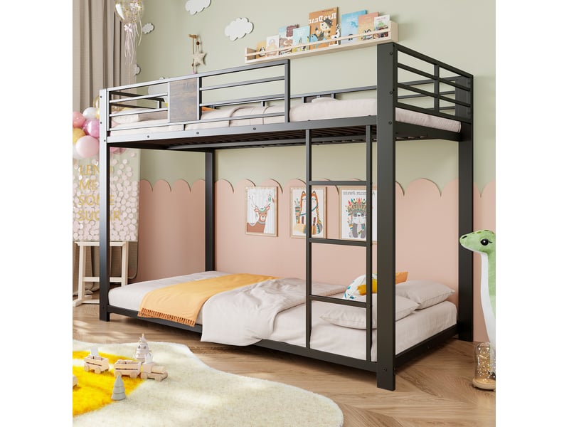  Lit superposé 90x200 cm en métal noir avec échelle réversible et garde-corps  - Conforama B