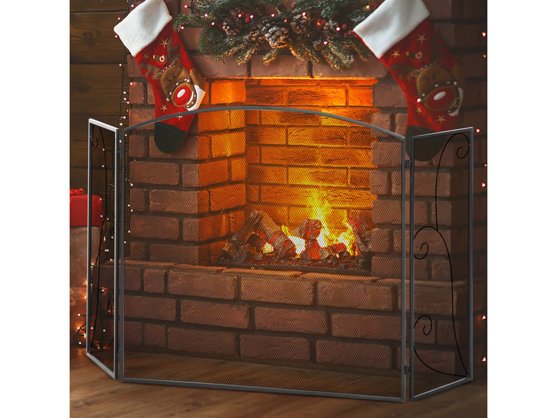  Pare-étincelles élégant pour cheminées ou poêles. Pare-étincelles pliable en trois parties. Dimensions : 132,5 cm (l) x 76,5 cm (h), acier noir  - Conforama C