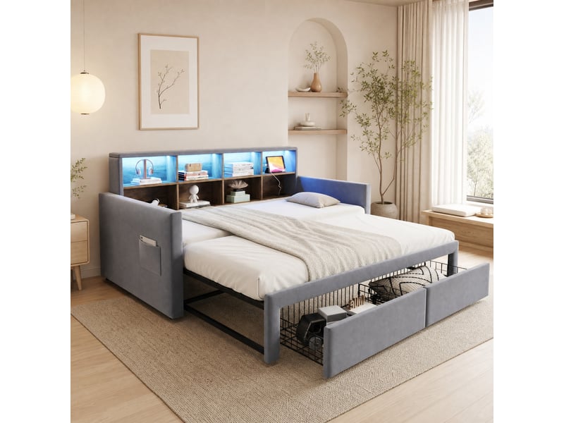  Canapé convertible lit gigogne avec rangements, éclairage led, prises usb, sommier à lattes, velours gris clair  - Conforama C