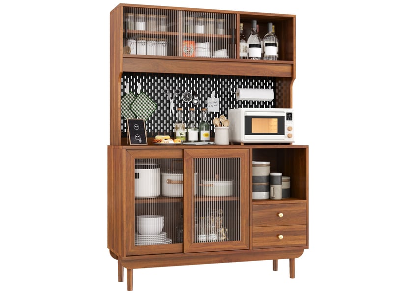  Buffet de cuisine 117x30x170 cm, fond ajouré, 4 portes coulissantes verre strié, 2 tiroirs, niches, mdf, bois foncé  - Conforama A