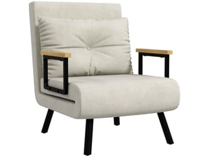 Fauteuil convertible 4 en 1 lit 1 place dossier 5 positions, accoudoirs en bois et coussin, tissu effet velours, crème