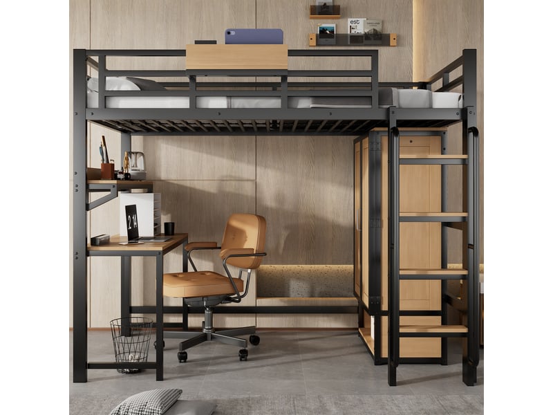  Lit mezzanine enfant 90x200 cm – noir et naturel – bureau, armoire 2 portes et rangements, sans matelas  - Conforama B