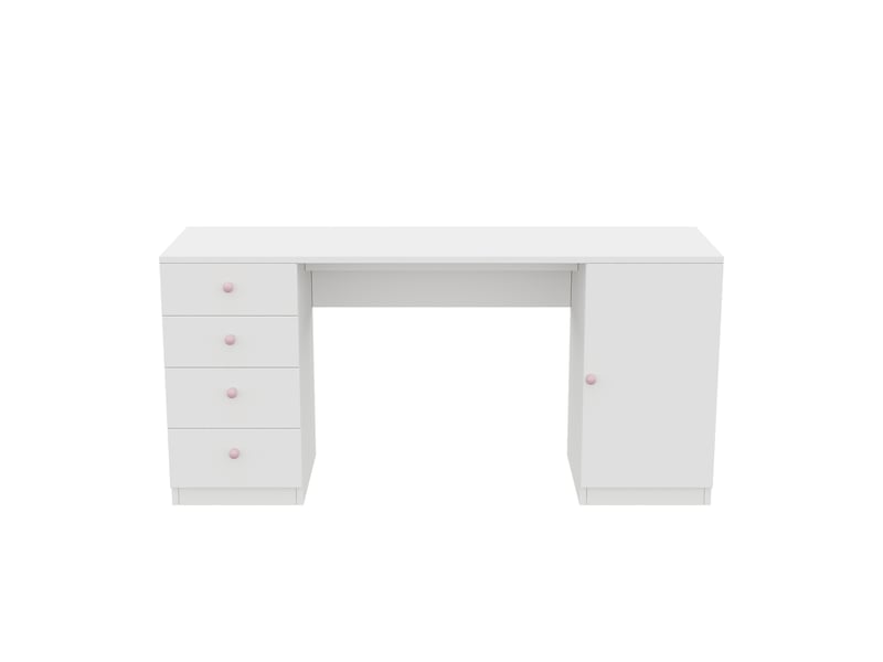  Bureau enfant 155 x 45 x 74 cm avec 4 tiroirs,étagère et rangements,poignées en céramique rose,blanc Bliss Lite - Conforama D