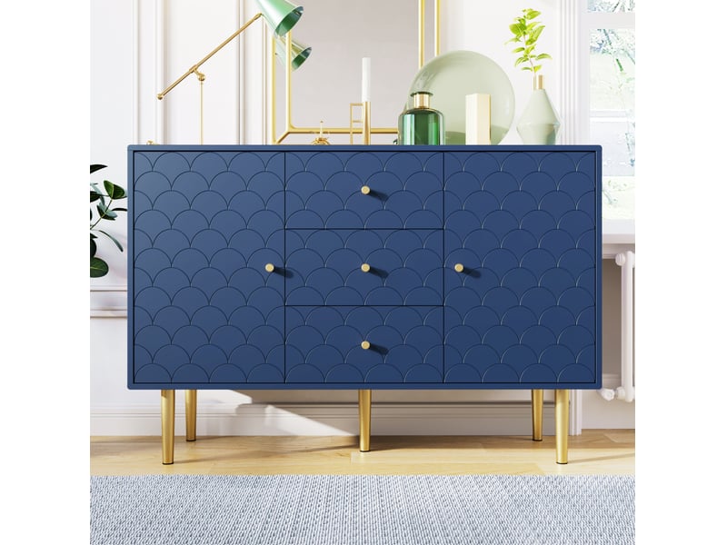  Buffet 120x40x83 cm, 2 portes, 3 tiroirs, motif écailles, étagère réglable, panneau de particules et métal, bleu marine  - Conforama B