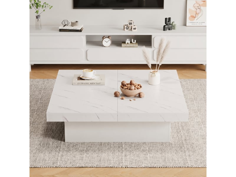  Table basse carrée blanche 90 x 90 x 25 cm, effet marbre, plateau coulissant, 4 tiroirs  - Conforama D