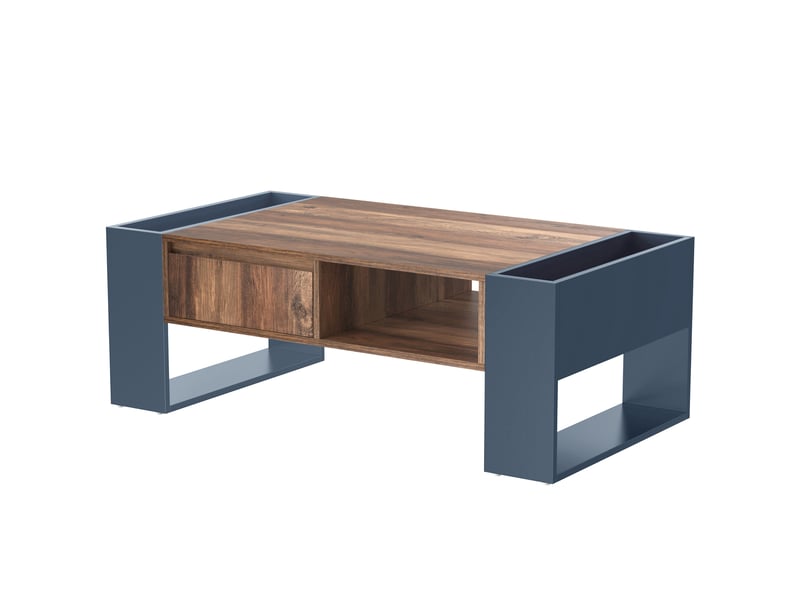  Table basse avec tiroir et niches de rangement pour salon 111×60×40 cm en panneaux de particules noir et gris  - Conforama D