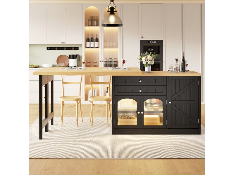 Îlot de cuisine extensible 120 à 194 cm noir avec plateau pivotant et rangements - Conforama E