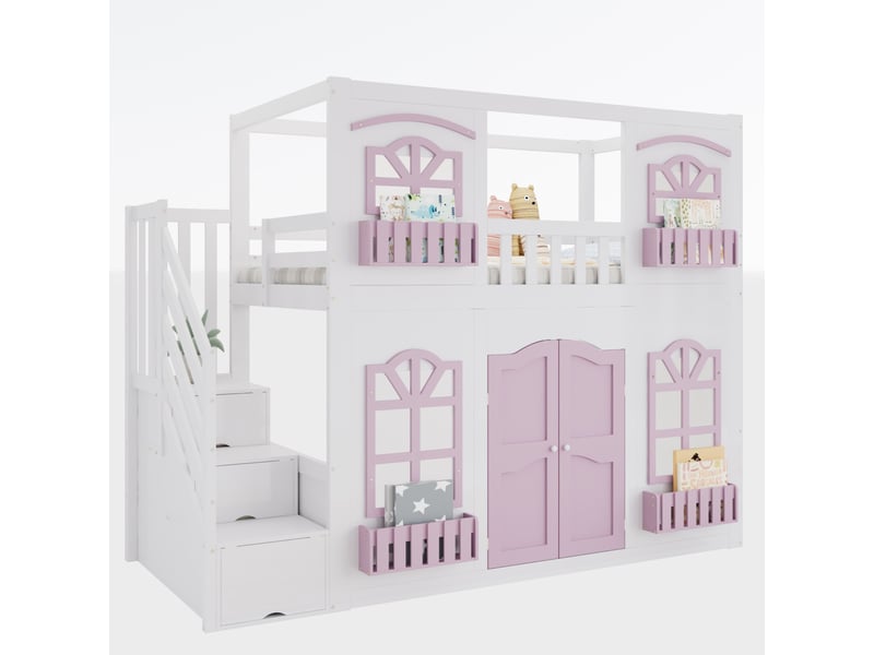  Lit mezzanine enfant 90x200 cm, escalier rangement, fenêtres en acrylique, bois et mdf, blanc et rose, sans matelas  - Conforama A