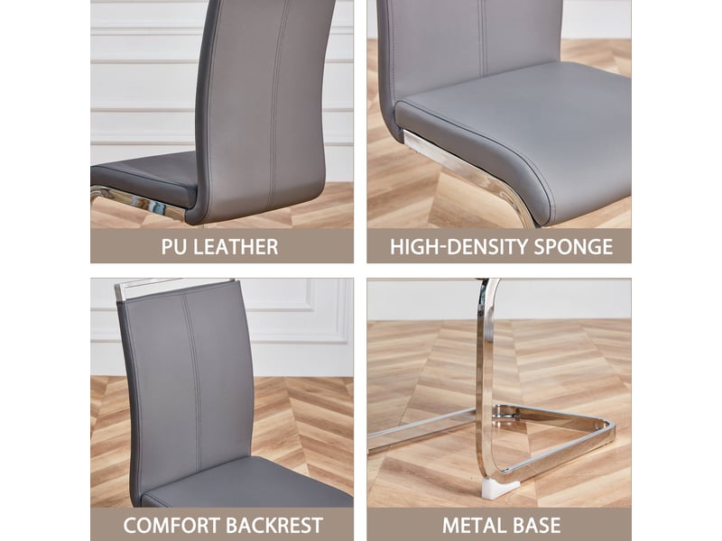  Lot de 4 chaises cantilever gris, assise cuir synthétique et cadre métal chromé - design moderne pour salle à manger  - Conforama E