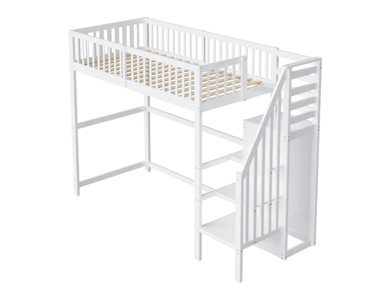  Lit mezzanine avec escalier fonctionnel 90×200 structure bois blanc avec escalier et rangements intégrés  - Conforama A