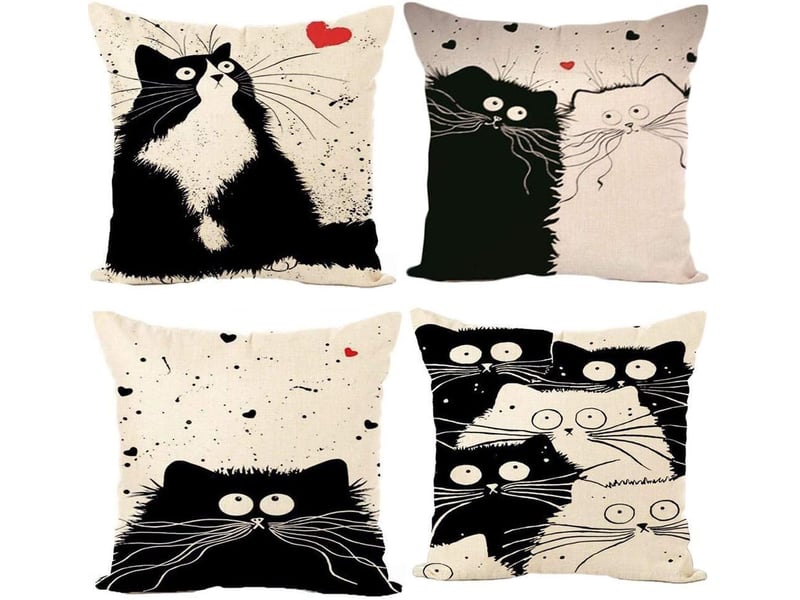  Taie d'oreiller, lot de 4 en coton et lin imprimé noir et blanc chat housse de coussin carré pour lit voiture de la maison canapé 45 x 45 cm  - Conforama A