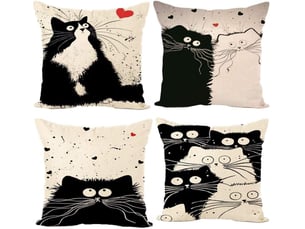 Taie d'oreiller, lot de 4 en coton et lin imprimé noir et blanc chat housse de coussin carré pour lit voiture de la maison canapé 45 x 45 cm
