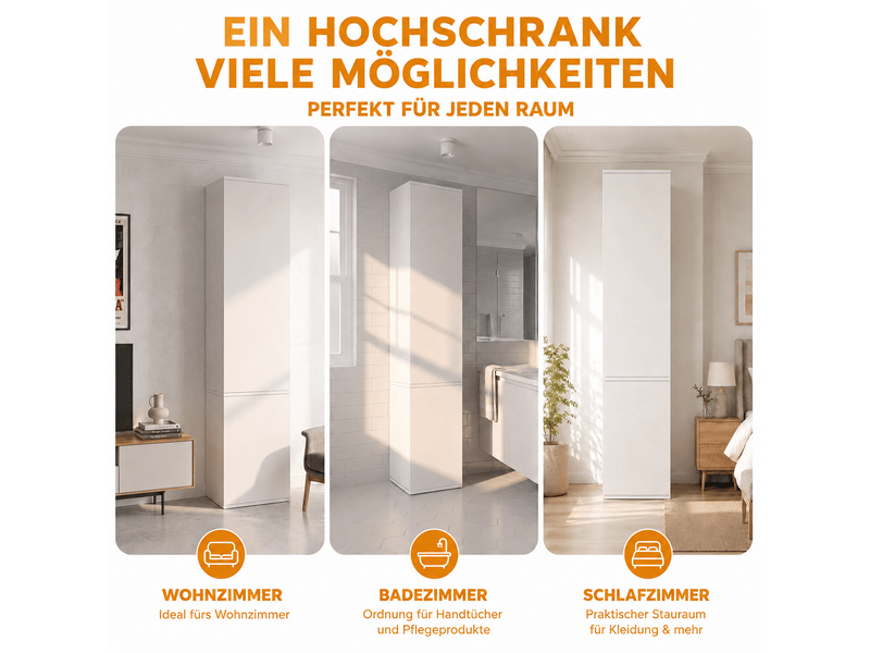 Armoire haute 47x50x200 cm avec 2 portes battantes, 6 compartiments fermés, grand rangement, mdf blanc, pour chambre, salle de bain et salon  - Conforama E