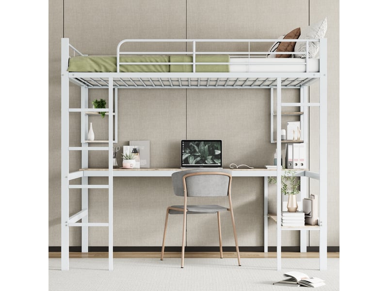  Lit mezzanine 140x200 cm avec étagères, structure acier, sommier, protection, métal + mdf, blanc, sans matelas  - Conforama W